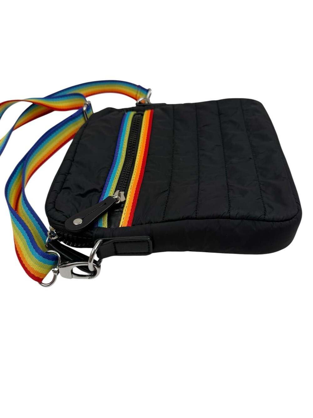 Sondra Roberts Squared Black Quilted Puffer Crossbody Bag with Rainbow Strap - Picture 7 of 8